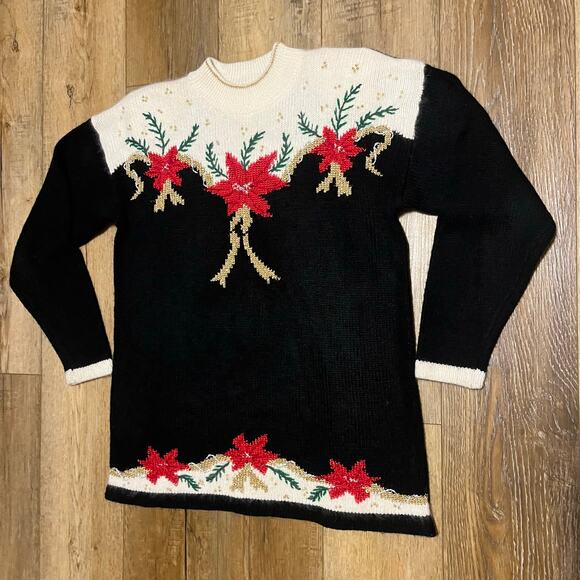 VTG Dana Scott Wool Blend Holiday Christmas Poinsettia Sweater Black Gold Size L - Picture 2 of 6